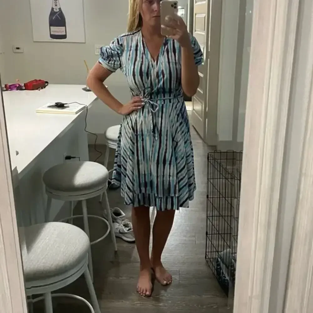 Diane Von Furstenberg Blue Tie Dye Wrap Dress SMALL Work Cotton Puff Sleeve $417 - Picture 6 of 11
